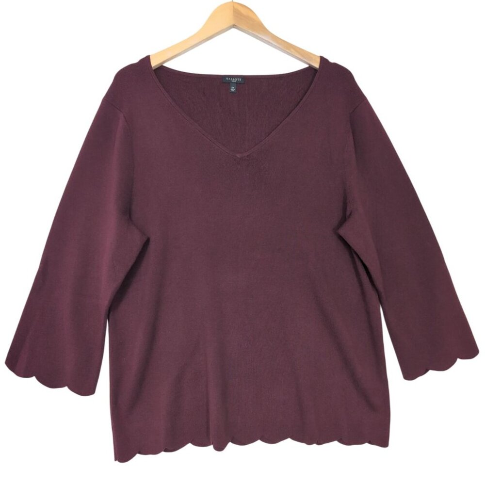 Talbots Knit Top Womens 2X Burgundy Pullover V-Neck Scalloped‎ Hem Career Casual